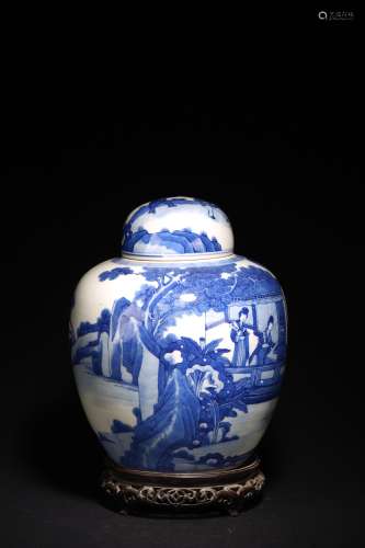 A BLUE AND WHITE 'FIGURES' JAR AND COVER