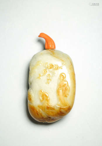 A FINE WHITE AND RUSSET JADE 'SCHOLAR AND PLUM BLOSSOM' SNUFF BOTTLE