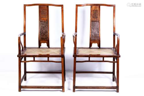 A PAIR OF HUANGHUALI BURLWOOD INSET YOKE BACK CHAIRS