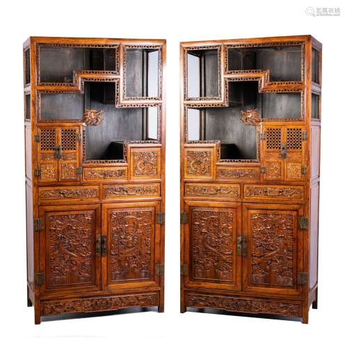 A PAIR OF LARGE HUANGHUALI 'DRAGON' DISPLAY CABINETS