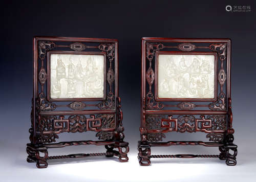 PAIR OF WHITE JADE 'SIXTEEN ARHATS' INSCRIBED ROSEWOOD TABLE SCREENS