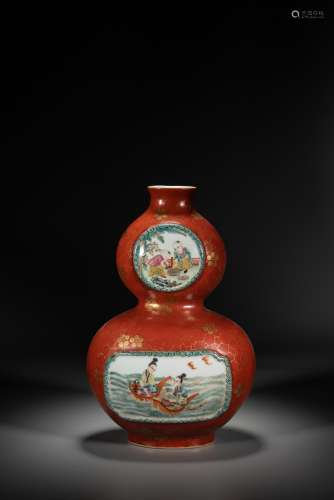 A CHINESE CORAL RED GLAZED DOUBLE GOURD VASE