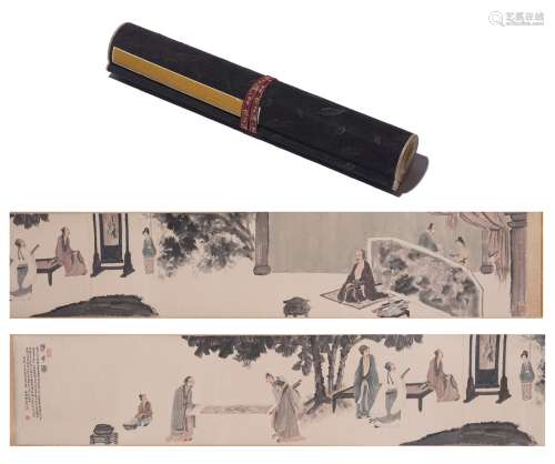 A COLOR AND INK ON PAPER 'SCHOLARS' HANDSCROLL, FU BAOSHI