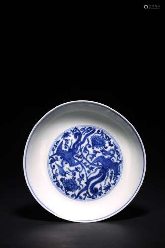 A CHINESE BLUE AND WHITE 'DOUBLE PHOENIX' DISH