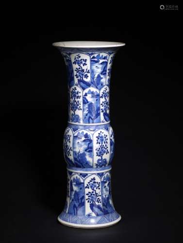 A BLUE AND WHITE 'LANDSCAPE AND FLOWERS' GU VASE