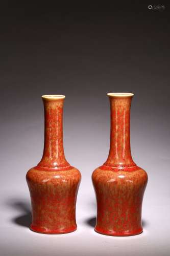 A PAIR OF CHINESE PEACHBLOOM GLAZED MALLET VASES