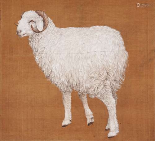 A COLOR AND INK ON SILK 'SHEEP' PAINTING