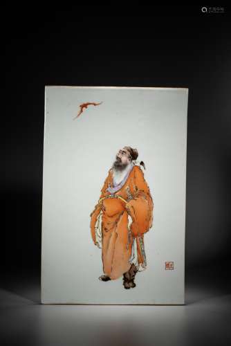 A CHINESE FAMILLE ROSE 'OFFICIAL FIGURE AND BAT' PORCELAIN PANEL