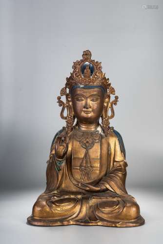 A LARGE GILT BRONZE SEATED FIGURE OF GUANYIN
