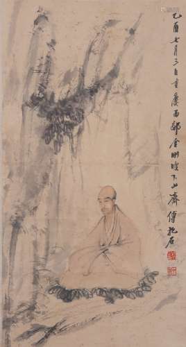 A COLOR AND INK ON PAPER 'MONK' PAINTING, ATTRIBUTED FU BAOSHI