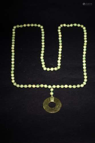 A 108 HARDSTONE BEADS WITH A JADE DISC BI