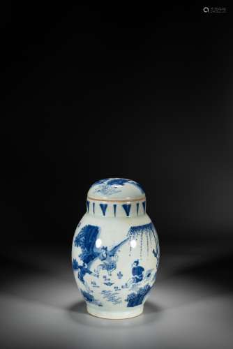 A CHINESE BLUE AND WHITE 'FIGURES' VASE WITH COVER
