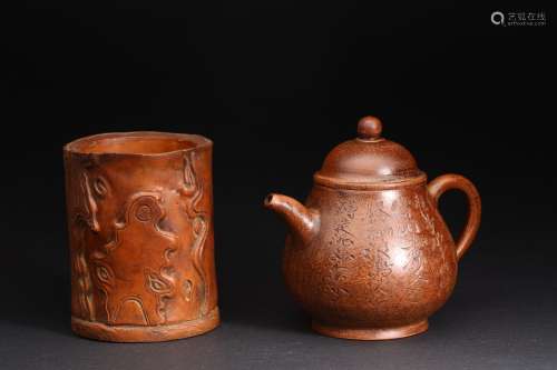 A GROUP OF TWO YIXING TEAPOT AND BRUSHPOT