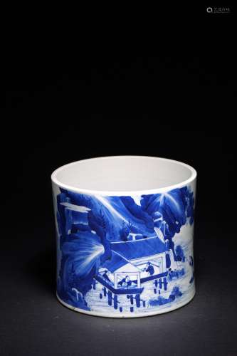 A CHINESE BLUE AND WHITE 'SCHOLARS AND LANDSCAPE' BRUSHPOT