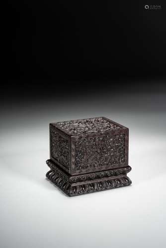 A CHINESE ZITAN CARVED DRAGON SEAL BOX