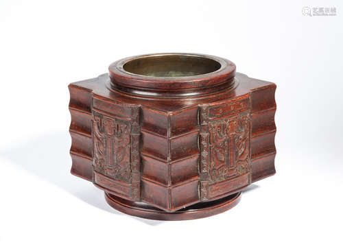 A RARE HUANGHUALI CARVED 'TAOTIE' BRONZE INCENSE BURNER