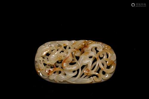 A RETICULATED CHINESE WHITE JADE CARVED 'DRAGON' PLAQUE