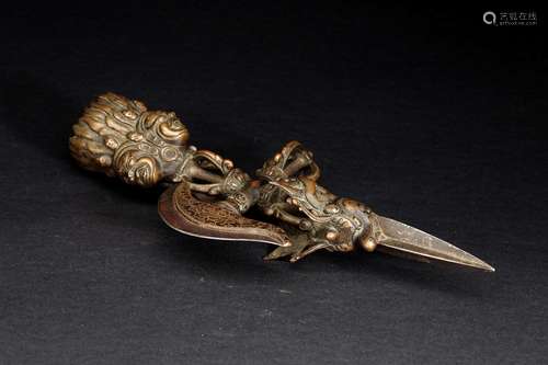 A TIBETAN BRONZE RITUAL DAGGER, PHURBA