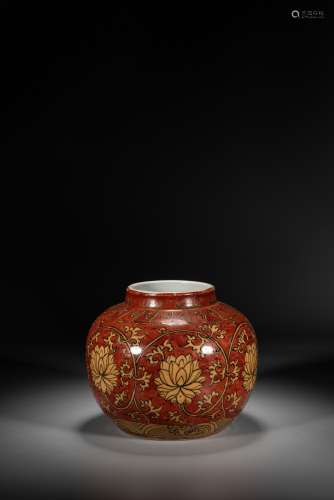 A CHINESE RED AND WHITE ENAMELLED LOTUS JAR