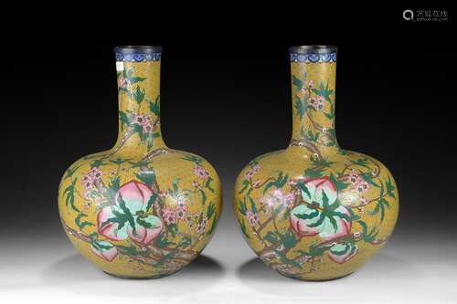 A PAIR OF LARGE CLOISONNE ENAMEL 'PEACH' VASES