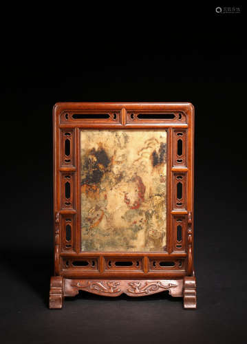 A HUANGHUALI DREAMSTONE PAINTED 'EIGHT IMMORTALS' TABLE SCREEN