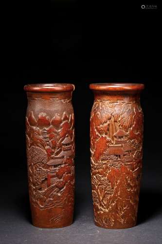 A PAIR OF BAMBOO CARVED LANDSCAPE VASES