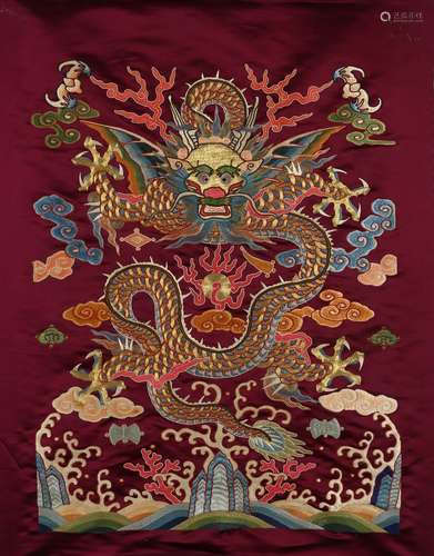 AN EMBROIDERED SILK DRAGON HANGING PANEL