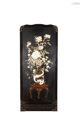 A MOTHER-OF-PEARL 'DRAGON VASE' APPLIQUE LACQUER HANGING PANEL