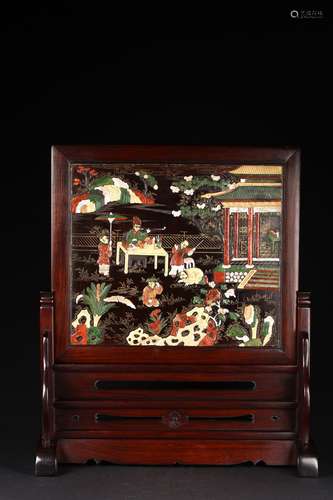 A LARGE HARDWOOD INLAID 'FIGURES IN GARDEN' TABLE SCREEN