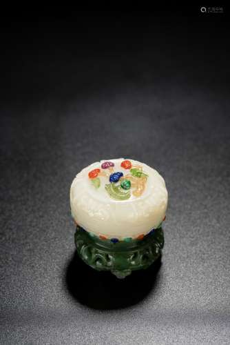 A CHINESE WHITE JADE INLAID CIRCULAR BOX WITH STAND