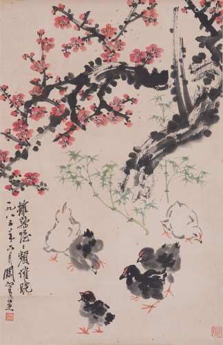 COLOR AND INK 'PLUM BLOSSOM & CHICKS' PAINTING, GUAN SHANYUE