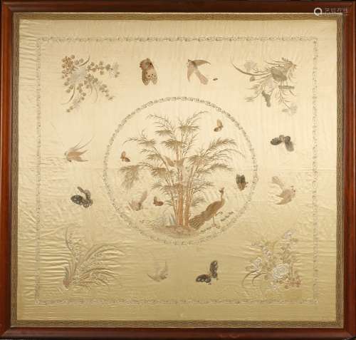 A LARGE FRAMED 'FLOWERS AND BIRDS' EMBROIDERY