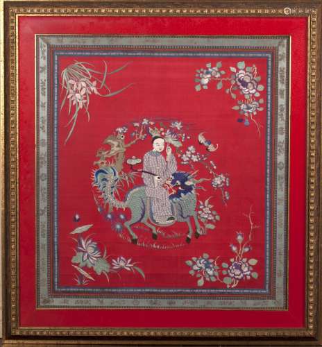 A FRAMED CHINESE SILK EMBROIDERY ‘QILIN AND FIGURE'