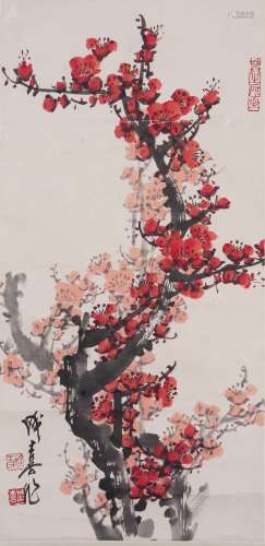 A COLOR AND INK ON PAPER 'PRUNUS BLOSSOMS' PAINTING