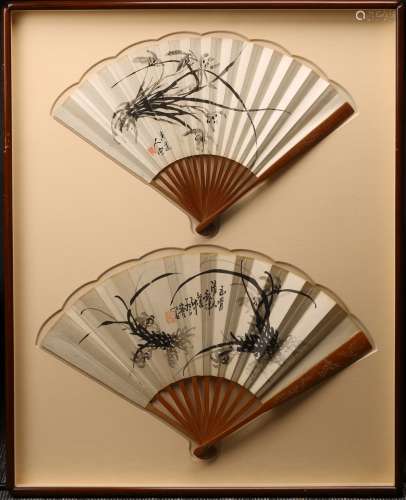 TWO FRAMED 'ORCHIDS' INK ON PAPER FOLDING FANS