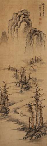 AN INK ON PAPER LANDSCAPE PAINTING HANGING SCROLL