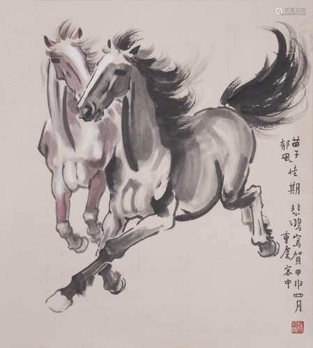 A COLOR AND INK ON PAPER 'HORSES' PAINTING, XU BEIHONG