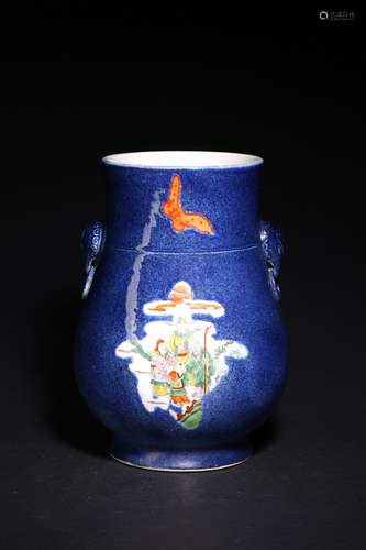 A BLUE GLAZED FAMILLE ROSE VASE