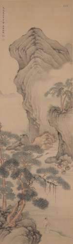 A COLOR AND INK ON SILK 'SCHOLAR IN LANDSCAPE' PAINTING, JIN CHENG
