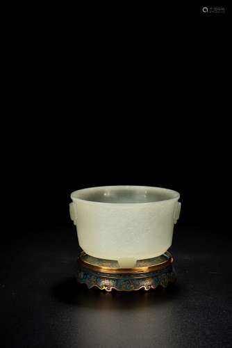 A WHITE JADE CENSER WITH CLOISONNE ENAMEL STAND