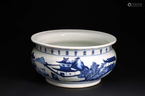 A BLUE AND WHITE 'LANDSCAPE AND FIGURES' CENSER