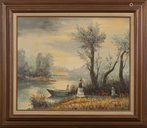 AN OIL PAINTING OF RIVER, BOAT, AND FIGURE