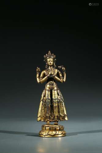 A GILT BRONZE FIGURE OF STANDING BODHISATTVA