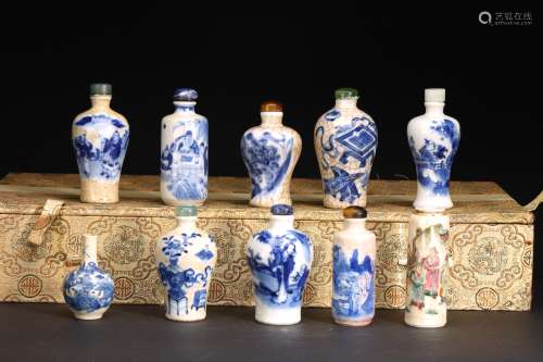 A GROUP OF TEN BLUE AND WHITE SNUFF BOTTLES