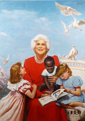 OIL ON CANVAS 'BARBARA BUSH AND CHILDREN' PAINTING, LI ZIJIAN