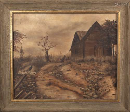 A FRAMED PAINTING OF AN OLD SHACK