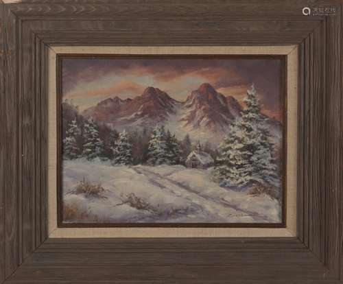 AN OIL PAINTING OF A SNOWY MOUNTAIN