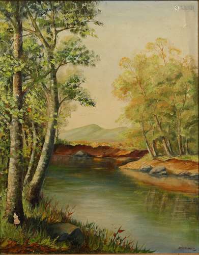 AN OIL ON CANVAS 'TREES AND RIVER' PAINTING