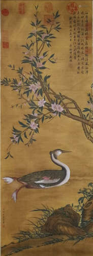 A CHINESE FLOWERS PAINTING SILK SCROLL LANG SHINING MARK