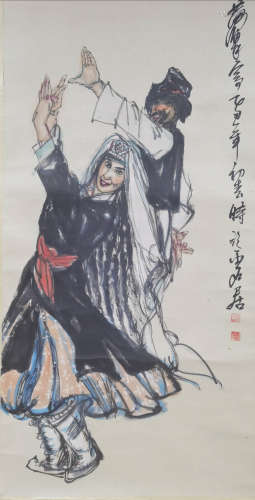 A CHINESE FIGURE PAINTING SCROLL HUANG ZHOU MARK